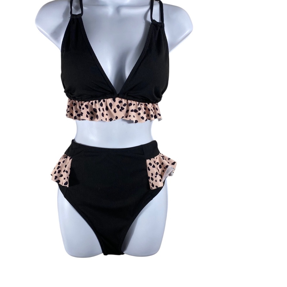 Black and Pink Bikini with Leopard Print Accents Sz Large NWT